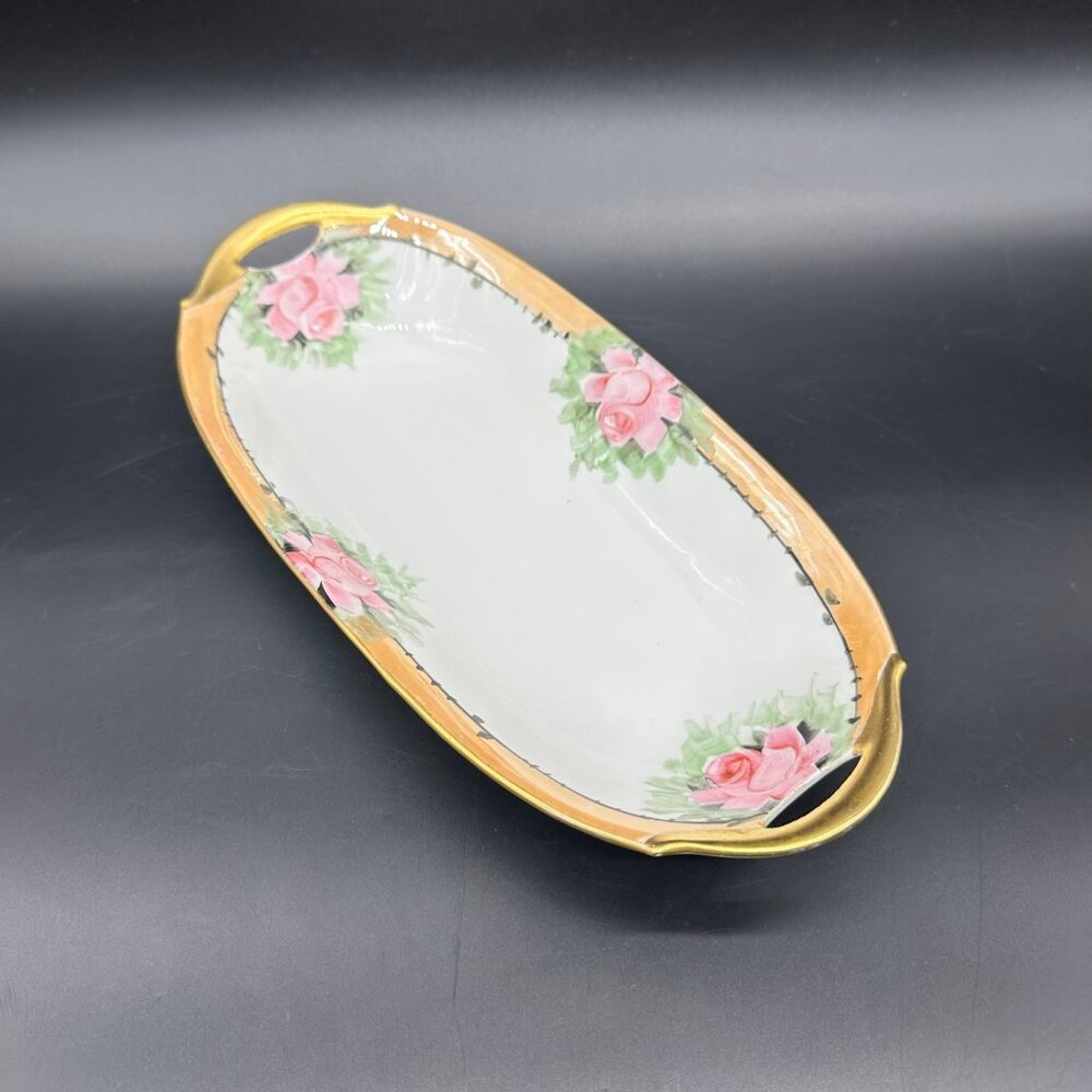 Antique Celery Dish Serving Bowl Bavarian Hand Painted Pink Roses Gold Floral